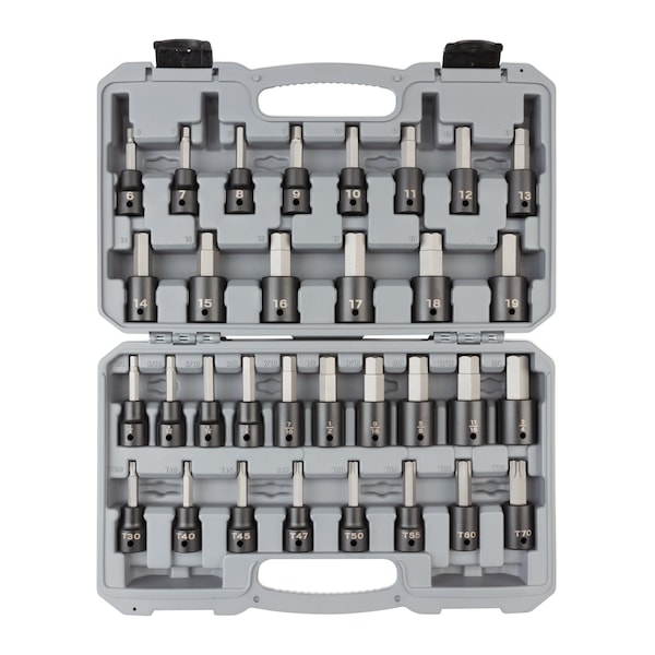 1/2 Inch Drive Hex/Torx Impact Bit Socket Set, 32-Piece (1/4-3/4 in., 6-19 mm, T30-T70)